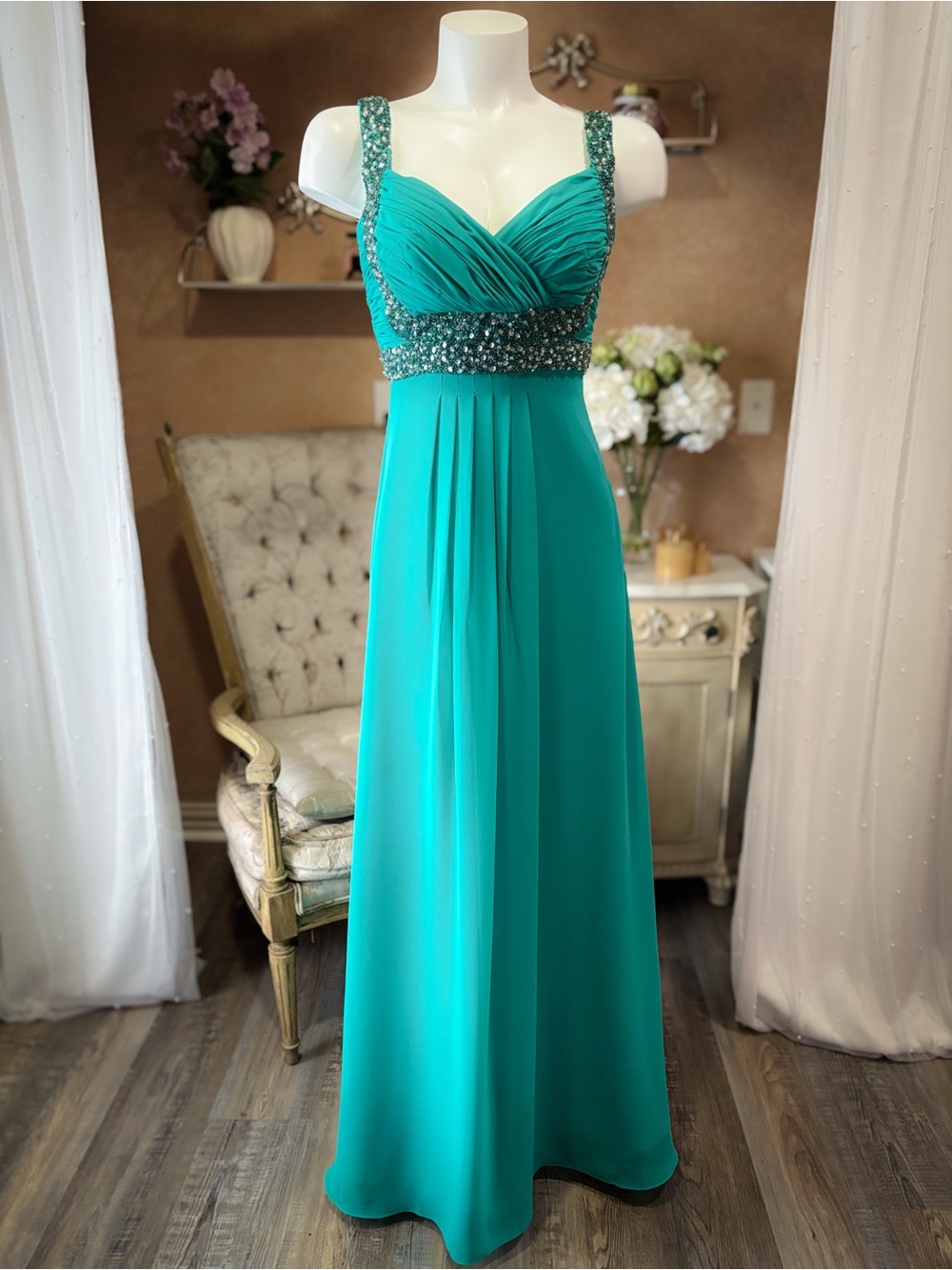 Tropical Jade Beaded Evening Gown | Crystal Waist Formal Dress | Size 4